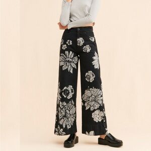 Free People Talia Floral Wide Leg Jeans Black Grey High Rise Sz 30